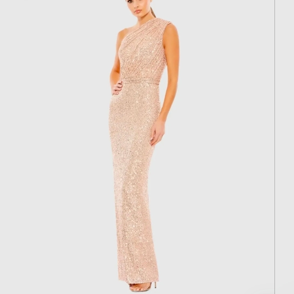 Ieena for Mac Duggal Sequined Ruched Pink One Shoulder Gown Size 10 NWT $400